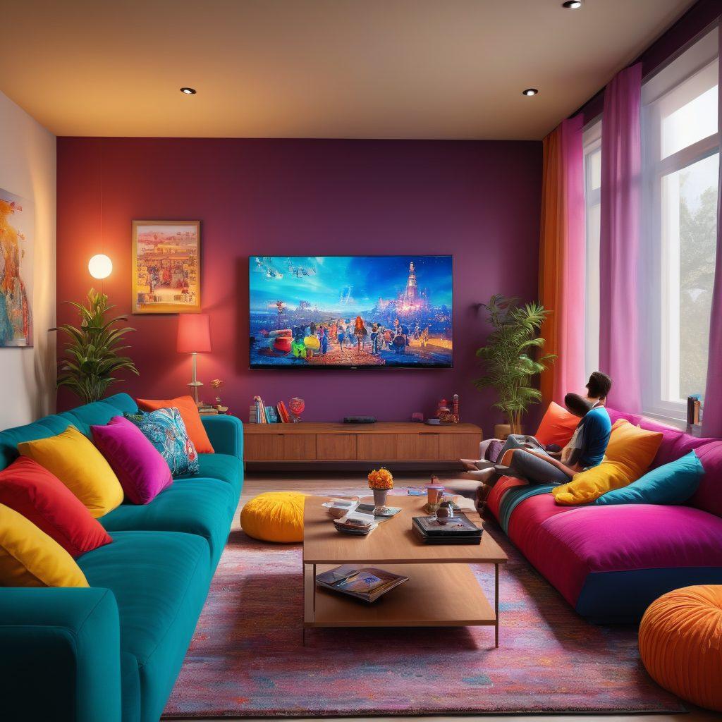A vibrant living room filled with diverse characters enjoying various forms of entertainment: a family watching a movie on a large screen, friends playing video games, a couple streaming content on a tablet. The room is decorated with colorful cushions, popcorn bowls, and ambient lighting creating a cozy atmosphere. Sunlight filters through the curtains, adding warmth to the scene. modern, super-realistic, vibrant colors.