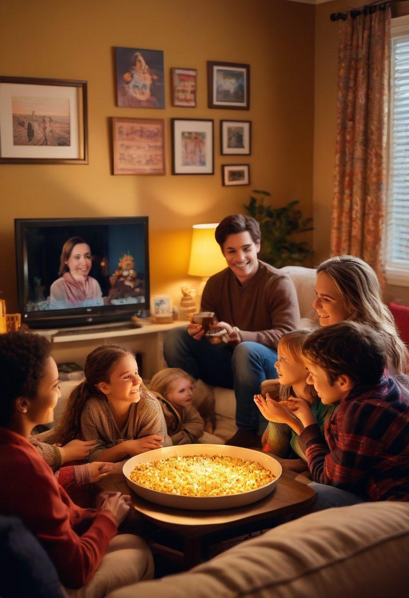 A cozy living room scene showcasing a family gathered around a television, enjoying a mix of movies and dramas. The room is warm with soft lighting, filled with popcorn, blankets, and laughter. Include characters representing diverse backgrounds, engaging with the screen, with colorful posters of popular shows on the walls. Infuse a sense of joy and togetherness. vibrant colors. warm lighting. illustration.