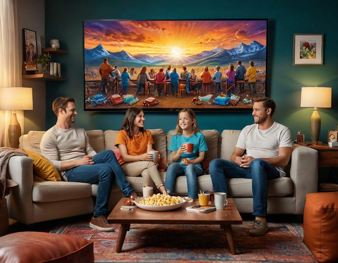 A cozy living room scene featuring a family gathered around a large screen watching a colorful movie on ApnaTV, with popcorn and snacks scattered around. The ambiance is warm and inviting, with soft lighting and cheerful expressions on their faces. In the background, there are posters of popular shows and vibrant artwork symbolizing endless entertainment. super-realistic. vibrant colors. cozy atmosphere.